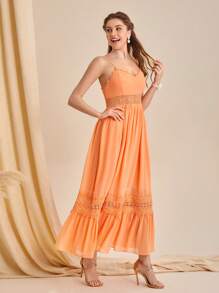 SHEIN Belle 1入組水溶蕾絲拼接荷葉邊伴娘連衣裙 - 珊瑚橙 - 查看 9