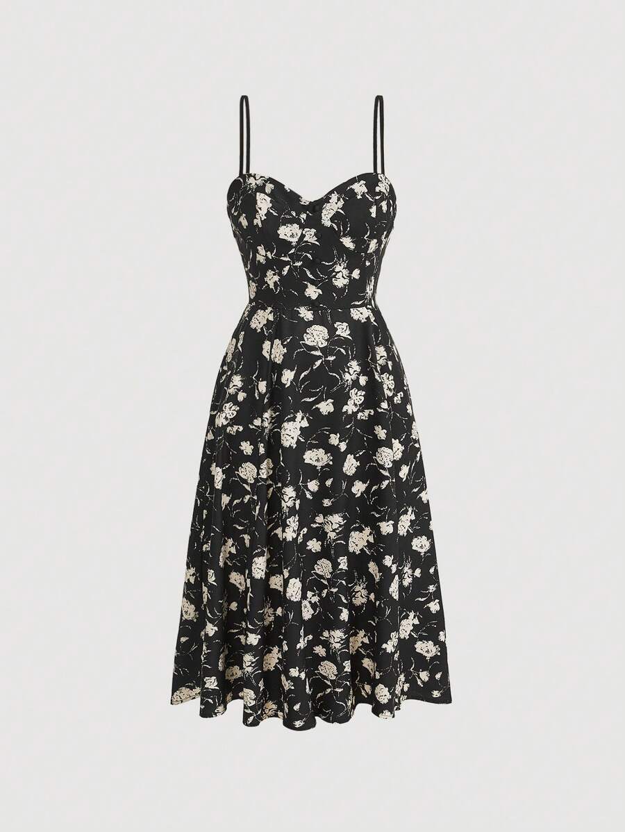 SHEIN MOD Floral Print Cami Dress - Black - View 1