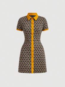 SHEIN MOD Allover Print Contrast Collar Button Front Dress - Mustard Yellow - View 1