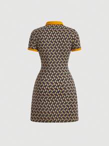 SHEIN MOD Allover Print Contrast Collar Button Front Dress - Mustard Yellow - View 2