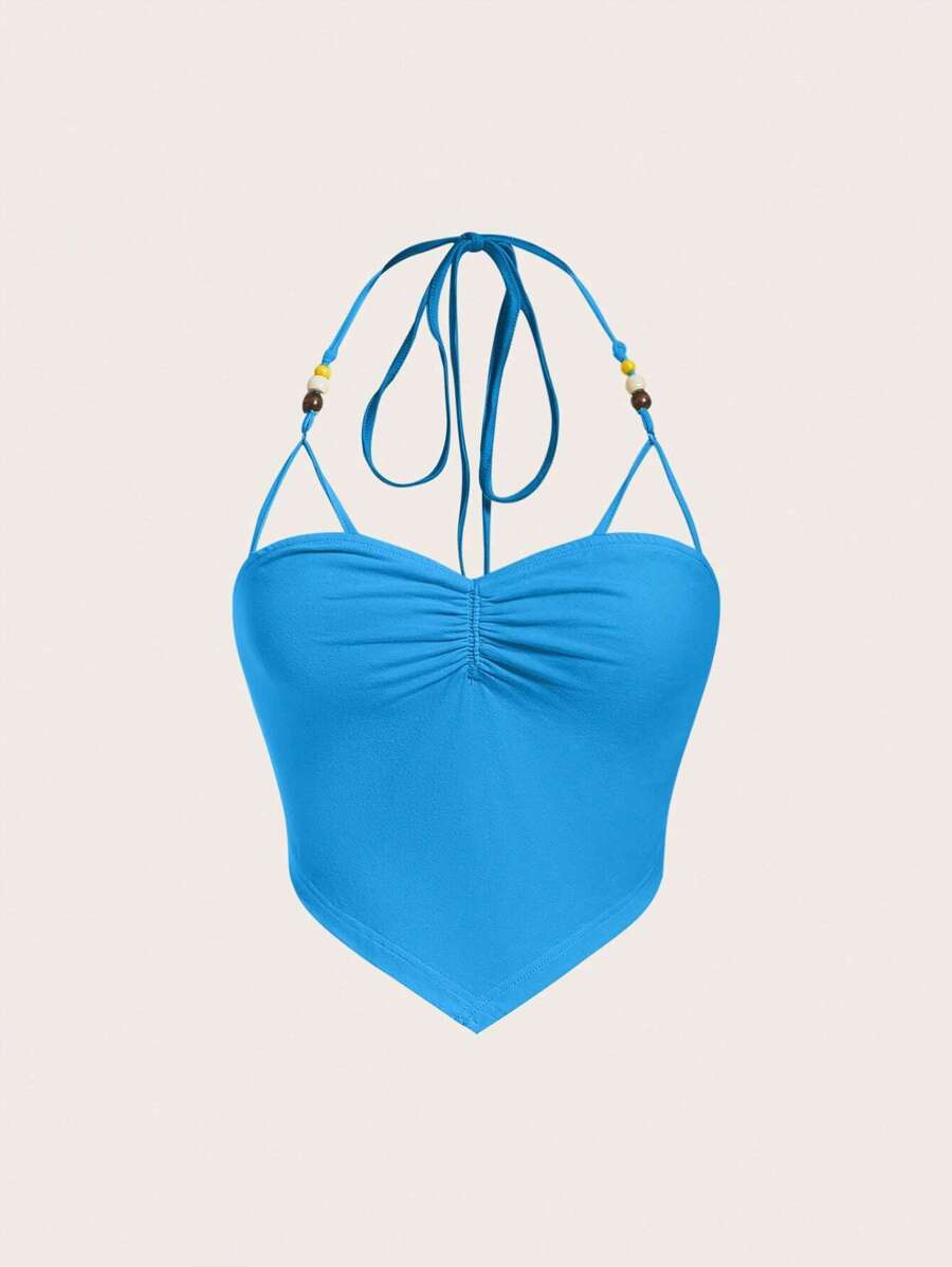 SHEIN MOD 褶邊後背繫帶手帕下擺掛脖上衣 - 藍色 - 查看 1