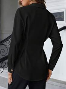 SHEIN Privé 素色雙排釦襯衫 - 黑色 - 查看 2