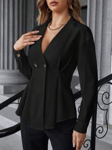 SHEIN Privé 素色雙排釦襯衫 - 黑色 - 查看 4