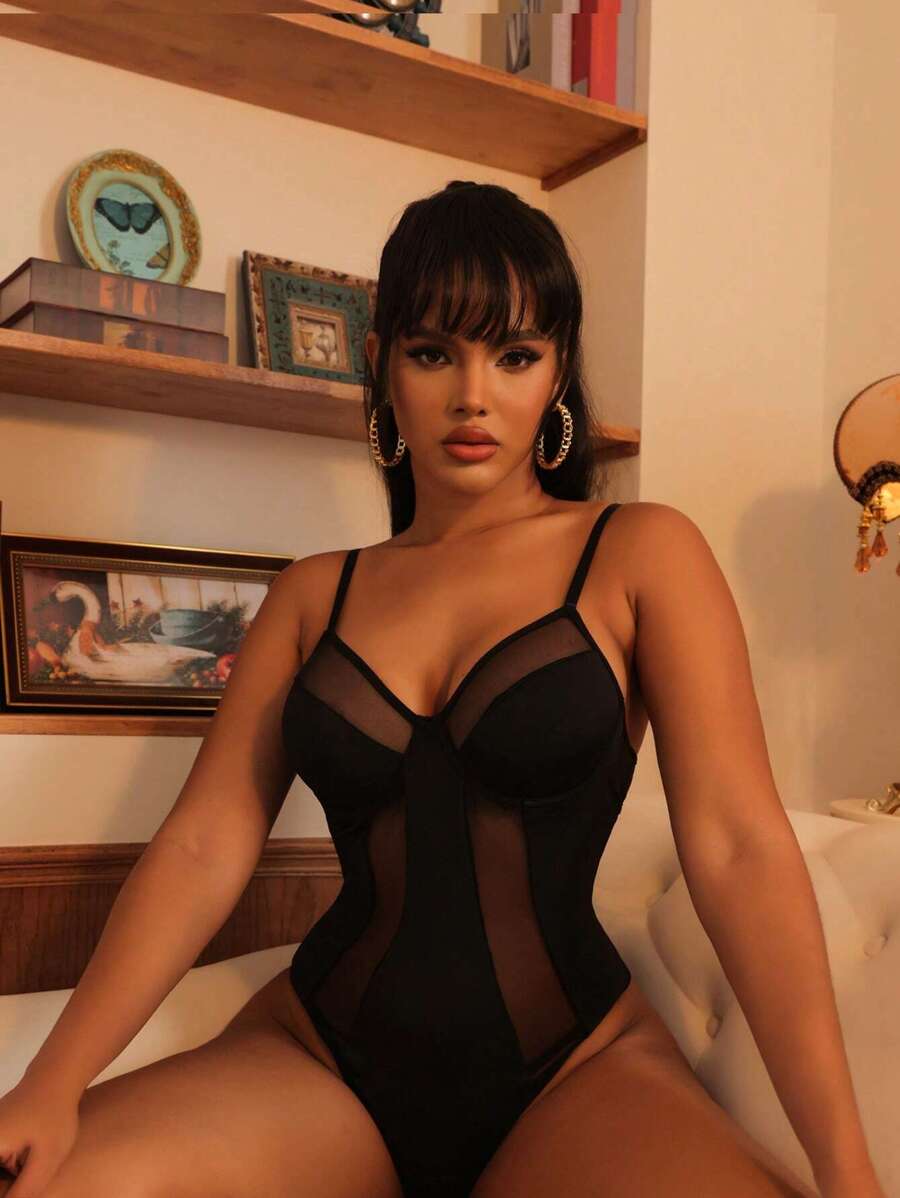 Classic Sexy Contrast Mesh Underwire Teddy Bodysuit - Black - View 1