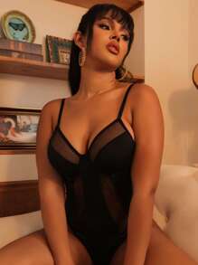 Classic Sexy Contrast Mesh Underwire Teddy Bodysuit - Black - View 4