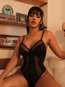 Classic Sexy Contrast Mesh Underwire Teddy Bodysuit - Black - View 5