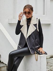 RELISH NOLESS 女式黑色仿皮毛无袖机车夹克，秋冬