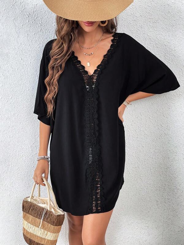 SHEIN VCAY Guipure Lace Panel Batwing Sleeve Cover Up Dress Summer