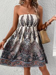 SHEIN VCAY Paisley Print Tube Dress - Apricot - View 1