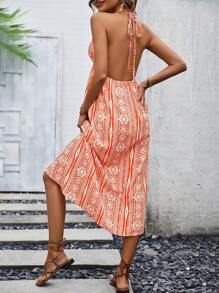 SHEIN VCAY 滿版印花後背繫帶掛脖連衣裙 - 彩色 - 查看 2