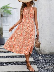 SHEIN VCAY 滿版印花後背繫帶掛脖連衣裙 - 彩色 - 查看 4