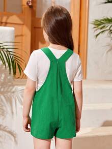 SHEIN 小女童金屬氣眼雙口袋背帶連體短褲不帶T恤 - 綠色 - 查看 2