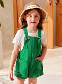 SHEIN 小女童金屬氣眼雙口袋背帶連體短褲不帶T恤 - 綠色 - 查看 5