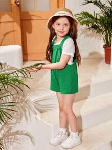 SHEIN 小女童金屬氣眼雙口袋背帶連體短褲不帶T恤 - 綠色 - 查看 6