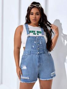 SHEIN EZwear 大碼破洞毛邊牛仔連體短褲不附帶背心 - 淺色水洗藍 - 查看 1