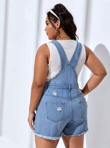 SHEIN EZwear 大碼破洞毛邊牛仔連體短褲不附帶背心 - 淺色水洗藍 - 查看 2