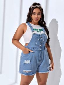SHEIN EZwear 大碼破洞毛邊牛仔連體短褲不附帶背心 - 淺色水洗藍 - 查看 4