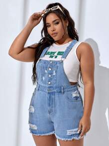 SHEIN EZwear 大碼破洞毛邊牛仔連體短褲不附帶背心 - 淺色水洗藍 - 查看 5