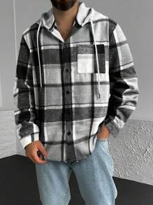 Manfinity Homme Men Plaid Patched Pocket Drawstring Hooded Coat Without Tee - Multicolor - View 4