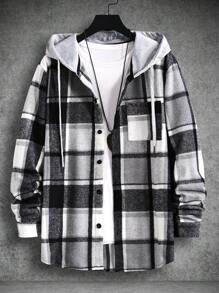 Manfinity Homme Men Plaid Patched Pocket Drawstring Hooded Coat Without Tee - Multicolor - View 5
