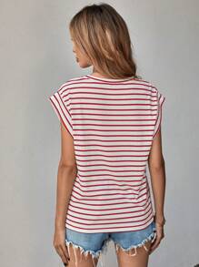 SHEIN LUNE Striped Print Batwing Sleeve Tee - Red and White - View 2
