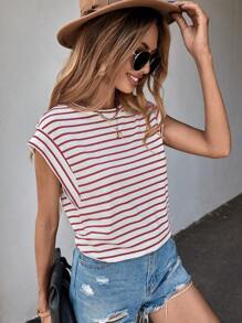SHEIN LUNE Striped Print Batwing Sleeve Tee - Red and White - View 4