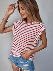 SHEIN LUNE Striped Print Batwing Sleeve Tee - Red and White - View 5