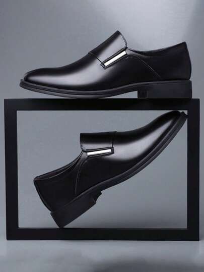 Men Metal Decor Dress Loafers Artificial Leather Dress Shoes Black