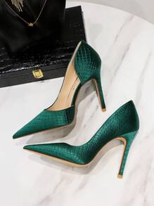 蛇皮壓花尖頭細跟緞面淺口高跟鞋 - 綠色 - 查看 2