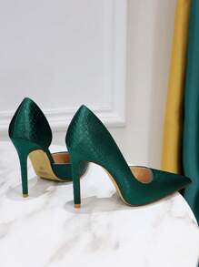 蛇皮壓花尖頭細跟緞面淺口高跟鞋 - 綠色 - 查看 4