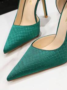 蛇皮壓花尖頭細跟緞面淺口高跟鞋 - 綠色 - 查看 5
