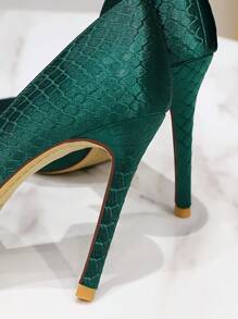 蛇皮壓花尖頭細跟緞面淺口高跟鞋 - 綠色 - 查看 6