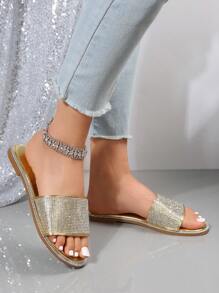 Women Rhinestone Decor Slide Sandals, Glass Glamorous Sandals Gold - Gold - View 7