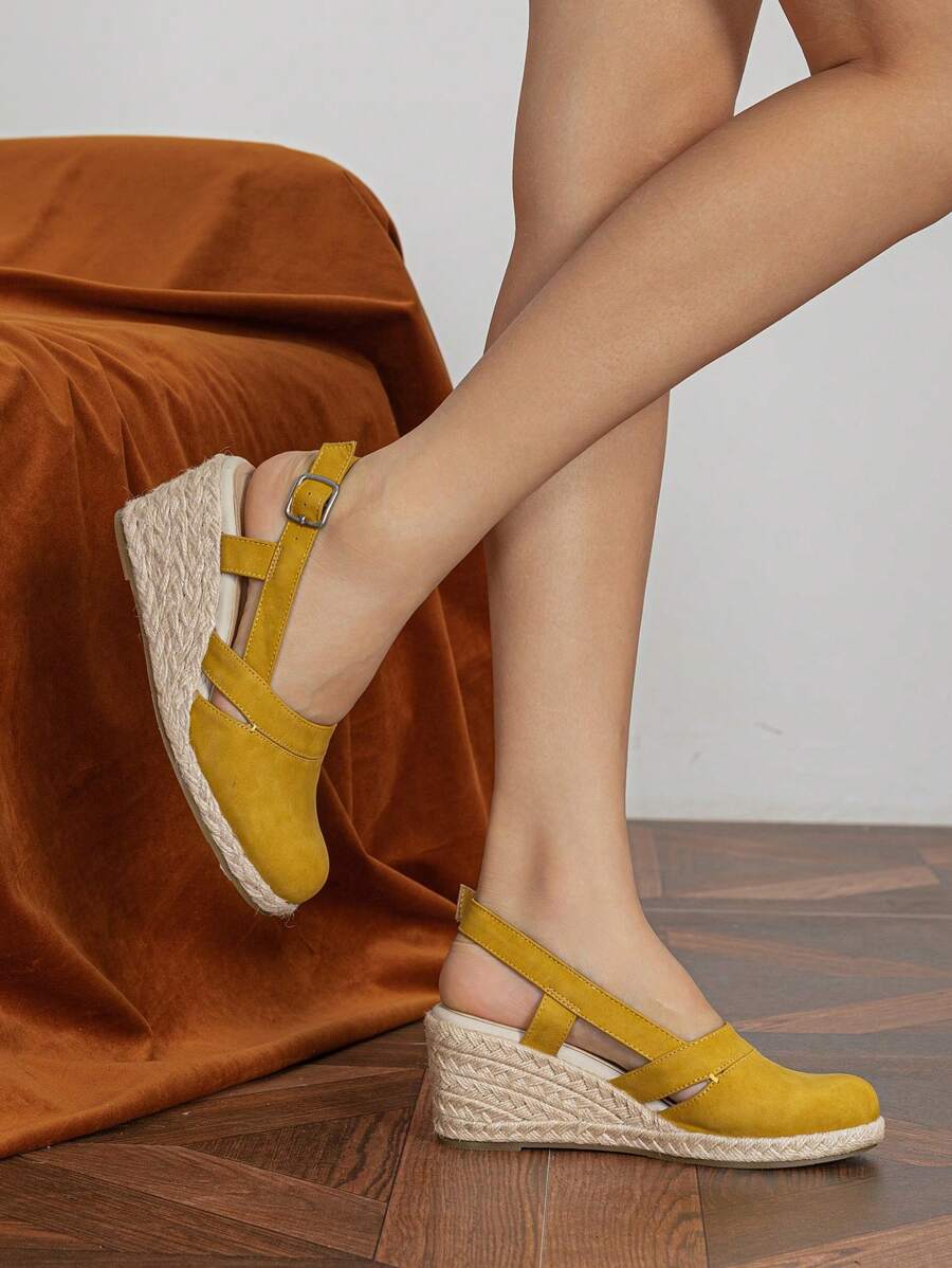 女士編織坡跟度假戶外仿麂皮露跟楔形淺口鞋 - 黃色 - 查看 1