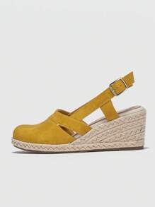 女士編織坡跟度假戶外仿麂皮露跟楔形淺口鞋 - 黃色 - 查看 7