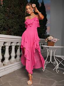 Glamaker Ruffle Trim Asymmetrical Hem Cami Dress - Hot Pink - View 1