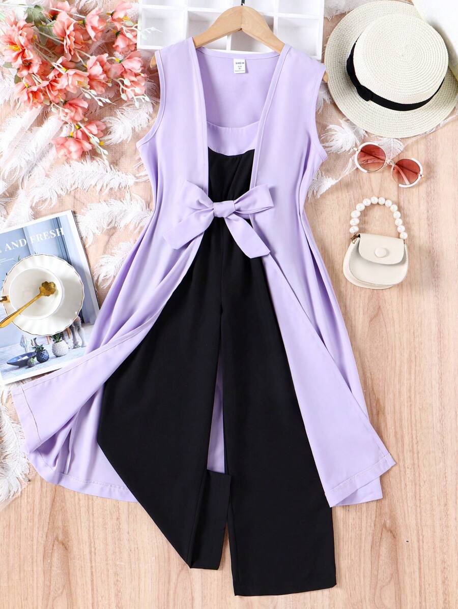 SHEIN Chicas con cinturón Mono de tirantes & con parte delantera abierta Abrigo Set - Multicolor - Ver 1