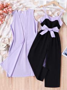 SHEIN Chicas con cinturón Mono de tirantes & con parte delantera abierta Abrigo Set - Multicolor - Ver 4