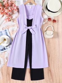 SHEIN Chicas con cinturón Mono de tirantes & con parte delantera abierta Abrigo Set - Multicolor - Ver 8