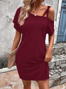 SHEIN LUNE Solid Asymmetrical Neck Batwing Sleeve Tee Dress - Burgundy - View 1