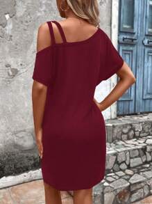 SHEIN LUNE Solid Asymmetrical Neck Batwing Sleeve Tee Dress - Burgundy - View 2
