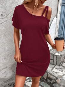 SHEIN LUNE Solid Asymmetrical Neck Batwing Sleeve Tee Dress - Burgundy - View 3