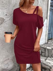 SHEIN LUNE Solid Asymmetrical Neck Batwing Sleeve Tee Dress - Burgundy - View 4