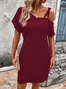 SHEIN LUNE Solid Asymmetrical Neck Batwing Sleeve Tee Dress - Burgundy - View 6