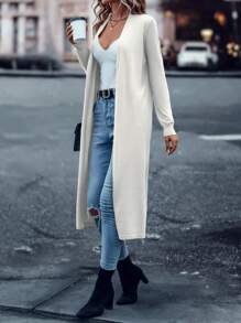 SHEIN LUNE 素色開門襟長款開衫 - 白色 - 查看 1