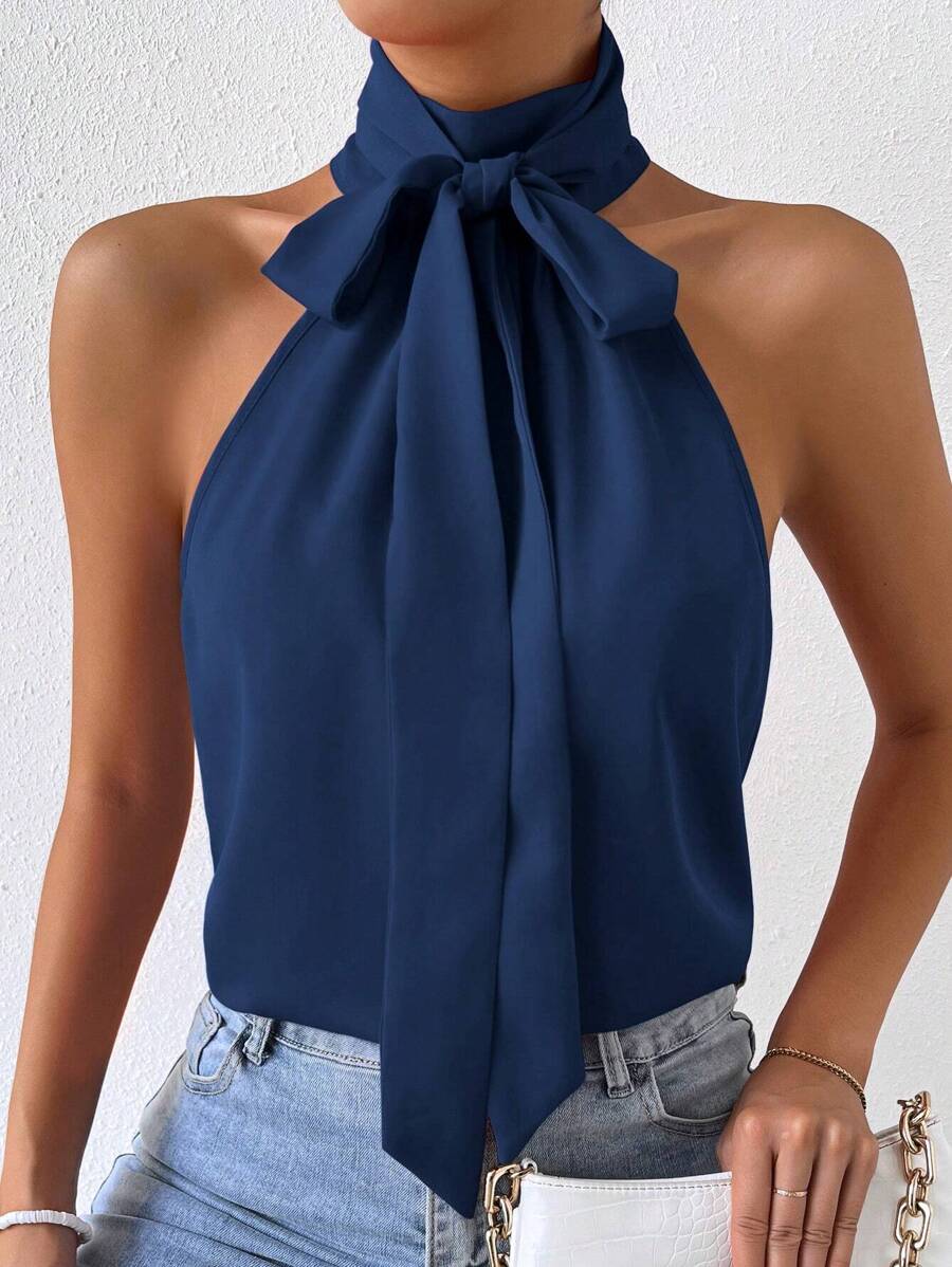 Frievida Frievida Solid Tie Neck Halter Blouse,Sleeveless Tops - Navy Blue - View 1