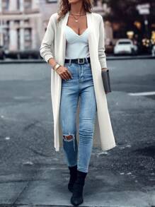 SHEIN LUNE 素色開門襟長款開衫 - 白色 - 查看 5