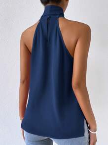 Frievida Frievida Solid Tie Neck Halter Blouse,Sleeveless Tops - Navy Blue - View 2