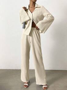 Chiquease Bộ đồ hai mảnh nữ Nút phía trước màu trơn Giải trí - Màu be - Xem 6