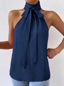 Frievida Frievida Solid Tie Neck Halter Blouse,Sleeveless Tops - Navy Blue - View 3